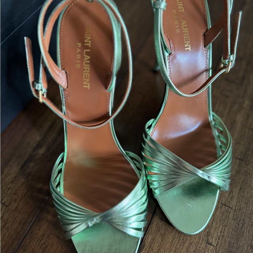 Saint Laurent Metallic Green Strappy “Tina Sandals” Heels - Picture 3 of 12